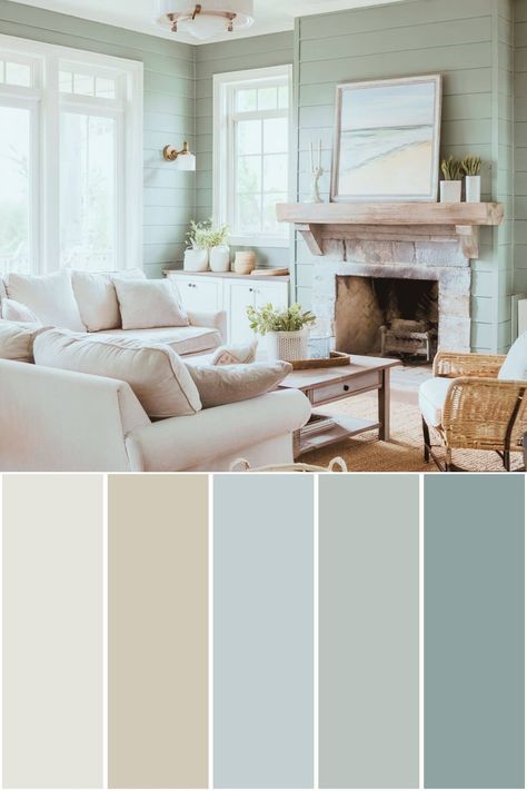 This is the perfect beachy color scheme for your beach house. These Sherwin-Williams coastal paint colors are a stunning color combination. Modern Coastal Color Palette, Beach House Paint Colors Interior, Seaglass Paint Colors, Beach Bedroom Colors, Colors Hex Codes, Beach Paint Colors, Cottage Paint Colors, Beach Color Palettes, Coastal Paint Colors