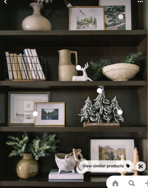 Winter Post Christmas Decor, Winter Shelf Styling, Decorate Shelf For Christmas, Living Room Shelf Christmas Decor, Cabin Shelf Decor Ideas, Shelf Styling Christmas, Christmas Bookcase Styling, Dark Shelf Styling, Bookshelf Styling Christmas