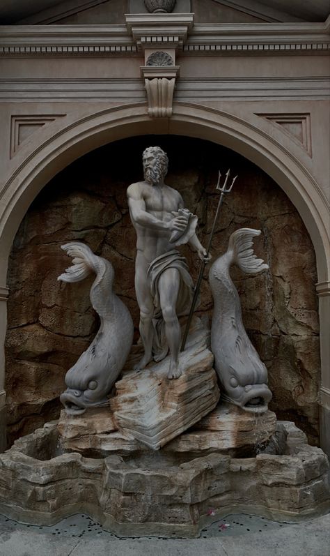 poseidon Poseidon Statue Sculpture, Poseidon Face Claim, Posiden Statues, Posiden Cabin Aesthetic, Statues Underwater, Neptune Painting, Poseidon Sculpture, Poseidon Temple, Mythology Statues