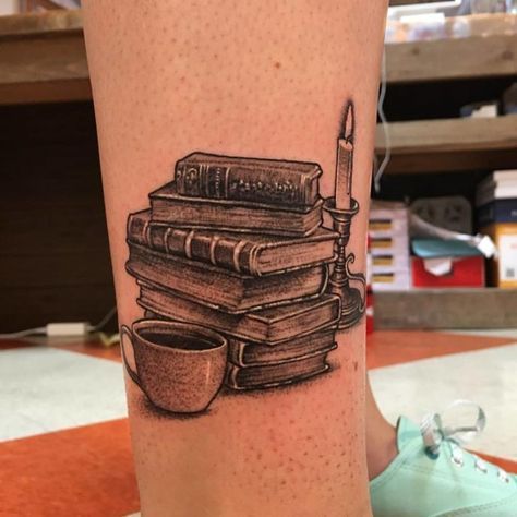 Writer Tattoo, Book Lover Tattoo, Book Pile, Bookish Tattoos, Candle Tattoo, Dark Armpits, Armband Tattoos, Literary Tattoos, Coffee Tattoos