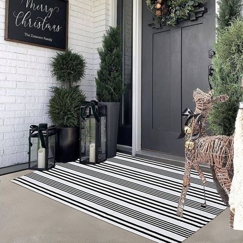 PRICES MAY VARY. ⭐【CLASSIC STRIPED PATTERN】:The black and white striped rug is designed specifically for both indoor and outdoor use, Layer this black and white indoor outdoor rug with a hello door mat to create strikingly beautiful porch decor. ⭐【PREMIUM QUALITY DOOR MAT】:Our black and white door mat made of high-quality cotton,craftsmanship,great water absorption,,no fade thick and durable designed ,great for everyday use. ⭐【SUITABLE OCCASION】:The black and white Striped rug offers casual eleg Door Sign Black And White, Black And White Front Door Mat, Black Fall Porch Decor, Front Porch Blankets, Outside Door Decor Front Entry Modern, Black Porch Decor, Open Foyer Ideas Entryway, Modern Fall Porch Decor, Front Porch Decor Christmas