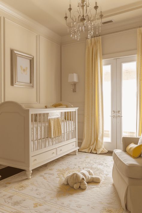 cream and yellow timeless nursery Yellow Vintage Nursery, Butter Yellow Nursery, Wainscoting In Nursery, Yellow Baby Girl Nursery, Pastel Yellow Nursery, Light Yellow Nursery, Yellow Girl Nursery, Pale Yellow Nursery, Nursery Ideas Yellow