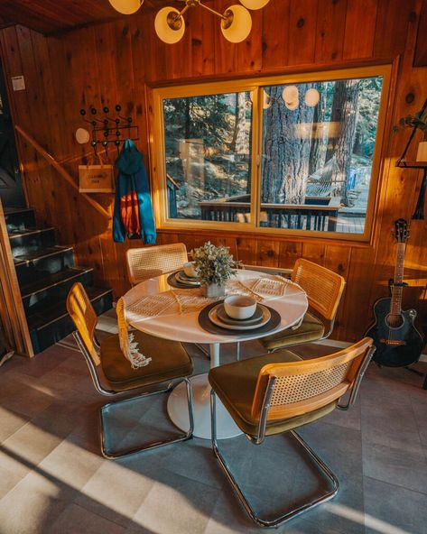 This Cozy A-Frame Cabin Is the Dreamiest Mid-century Escape Mid Century Cabin Interiors, Mid Century Ski Chalet, 70s Cabin Aesthetic, Retro Cabin Decor, 60s Cabin, 1960s Cabin, A Frame Living Room, Mid Century Lake House, Above Sink Light