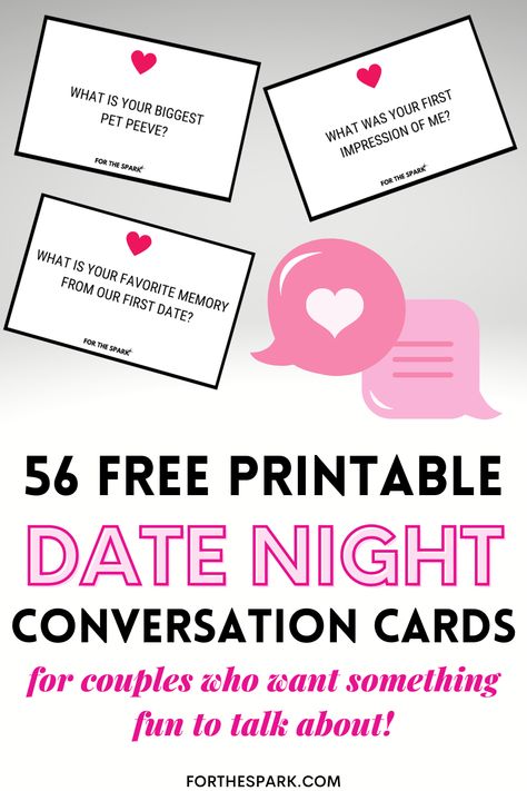 56 FREE Date Night Conversation Cards For Couples Who Want Something Fun To Talk About - Bold & Bubbly Date Night Conversation Starters, Date Night Conversation, Alter Ego Names, Free Date Night, Cards For Couples, Date Night Questions, Marriage Games, Long Distance Relationship Advice, Dates Ideas