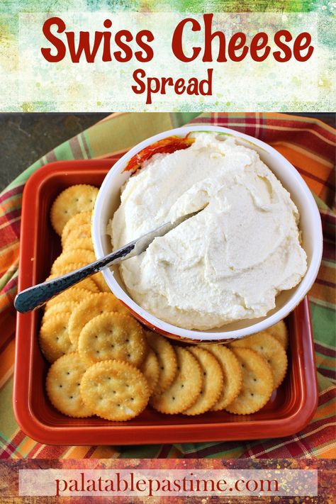 Swiss Cheese Spread – Palatable Pastime Palatable Pastime Swiss Almond Cheese Spread, Swiss Cheese Appetizers, Swiss Cheese Ball Recipe, Cheese Spread Recipes For Crackers, Cracker Spread Recipe, Cracker Spreads, Beef Soup Slow Cooker, Swiss Cheese Dip, Swiss Cheese Recipes