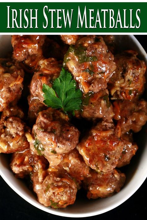 A serving bowl of Irish Stew Meatballs, in a beef gravy. Irish Meatballs St. Patrick's Day, Crockpot Irish Recipes, Irish Meatballs, Irish Dinner Recipes, Irish Meals, Easy Irish Recipes, Keto Meats, Baked Brisket, St Patricks Food