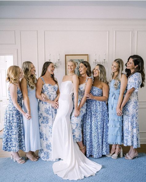 Bay Wedding Ideas, Blue Themed Wedding Dress, Solid And Floral Bridesmaid Dresses, Bridesmaids In Shades Of Blue, Bride With Blue Bridesmaids, Varied Bridesmaid Dresses, Mixed Pattern Bridesmaid Dresses Blue, Bridesmaid Dresses Pastel Colors, Pink Shade Bridesmaid Dresses