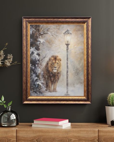 Narnia Art Print, Lamppost and Aslan. Narnia Poster, Oil Painting Wall Decor, C S Lewis, Printable Digital Download - Etsy Chronicles Of Narnia Wall Art, Things To Draw For Wall Decor, Narnia Themed Bedroom, Narnia Painting Ideas, Narnia Christmas Decorations, Narnia Room Decor, Chronicles Of Narnia Nursery, Narnia Room Ideas, Narnia Bedroom Ideas