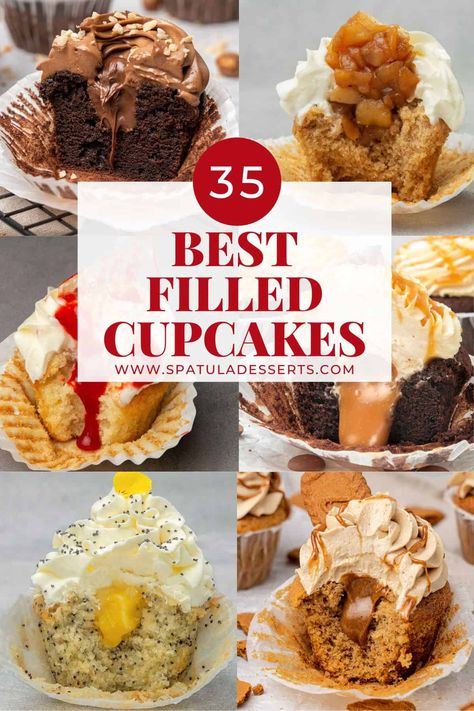 Filled cupcakes recipe collection. Home Made Cupcake Recipes, Filled Cupcakes Easy, Cupcake Filling Recipes, Wedding Cupcake Recipes, Cupcake Recipes Unique, Gourmet Cupcake Recipes, Cream Filled Cupcakes, Cupcakes Flores, Homemade Cupcake Recipes