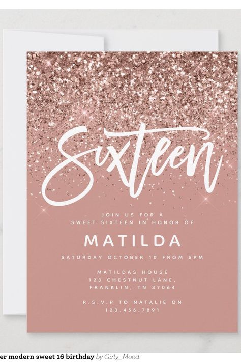 Rose gold girly glitter modern sweet 16 birthday Pink Themed Sweet 16 Party, Sweet 16 Birthday Invitations, 16 Birthday Invitations, 16 Invitations, 16th Birthday Invitations, 16 Birthday, Sweet 16 Invitations, Sweet 16 Parties, Sweet 16 Birthday