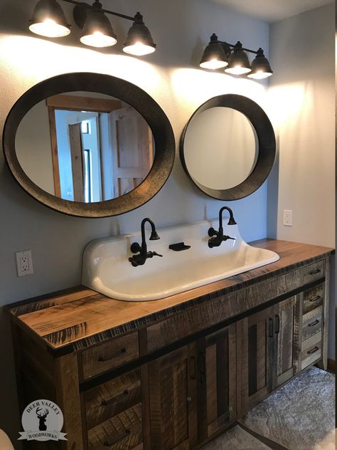 "The \"Blix\" is a gorgeous 72\" barnwood bathroom vanity made from 150 year old oak barnwood salvaged from a deconstructed barn off a farm estate near the Indiana and Kentucky border.  Much care was taken during the fabrication process to preserve the wood's aged beauty and life history.  Each board is unique and tells its own story, and it's ready to continue its life story in your home.  Superior craftsmanship and excellent quality.  Standard details include: - Blackened steel strapping - Eig Barnwood Bathroom Vanity, Barnwood Vanity, Farmhouse Style Bathroom Vanity, Reclaimed Wood Vanity, 72 Vanity, Barn Bathroom, Farmhouse Bathroom Sink, Farm Estate, Bath Cabinet