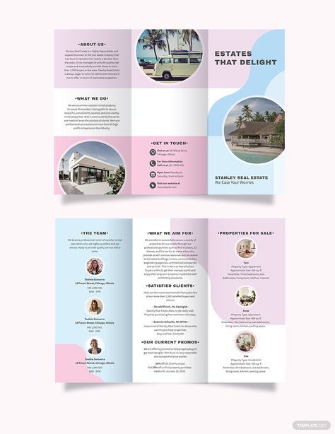 Download this Sample Summer Vacation Rental Tri-Fold Brochure Template Design - Free Image, Photo, Google Docs, Illustrator, Vector, InDesign, Word, Apple Pages, PSD, Publisher Format Tri Fold Brochure Template, Leaflet Layout, Event Brochure, Brochure Examples, Brochure Psd, 브로셔 디자인, Brochure Design Layout, Brochure Inspiration, Professional Brochure