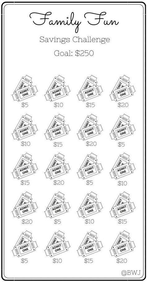 Family Fun mini challenge is here! Color in each ticket and save the dollar amount that is listed. Once completed you will have saved $250 towards family fun!  *FREE GIFT INCLUDED  Printing Information: *Digital Download  *This is printed on an 8.5 x 11 US letter size paper *Once printed, cut and place inside your A6 envelope *Color will vary depending on ink and printer Disclaimer: This is a PDF Digital Download. No physical product will be mailed to you. Digital Download will be available once payment has been confirmed and purchase has been completed. This printable is for personal use only, not to be copied or resold. There are no refunds, cancellations or exchanges. If you have any questions or concerns, please do not hesitate to reach out.  Thank you for your support! Happy Savings!! Anniversary Savings Challenge, Fun Money Challenges, 250 Savings Challenge, Free Printable Savings Challenge A6, Mini Savings Challenge Free, Tattoo Savings Challenge, Fun Savings Challenge, Mini Savings Challenge Free Printable, Savings Challenge Monthly