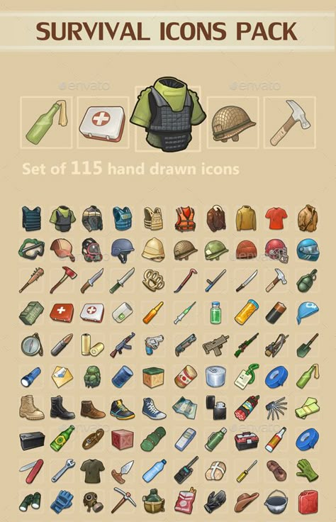 Survival Icons Pack - #Miscellaneous #Game Assets Download here:  https://graphicriver.net/item/survival-icons-pack/20304113?ref=alena994 Game Icon Design, Game 2d, Game Of Survival, Board Game Design, Hand Drawn Icons, Pixel Design, Pixel Art Games, Game Ui Design, Game Props