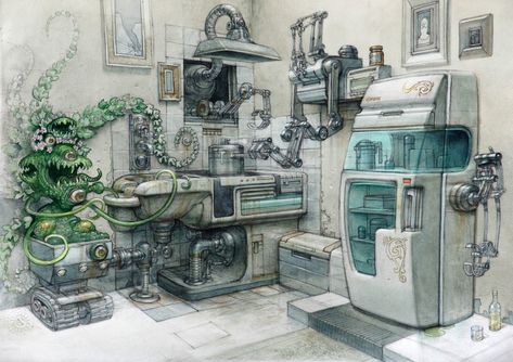 ArtStation - Kitchen, Boban Savić GETO Futuristic Kitchen, Kitchen Concept, Sci Fi City, Little Shop Of Horrors, Image Painting, Steampunk Design, Urban Setting, Environment Design, Artist Websites