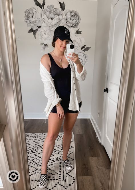 Black Active Romper Outfit, Tna Romper Outfit, How To Style A Unitard Romper, Black Tank Romper Outfit, Spandex Onesie Outfit, Onesie Shorts Outfit, Bike Shorts Romper Outfit, Aritzia Bodysuit Romper Outfit, Shorts One Piece Jumpsuit