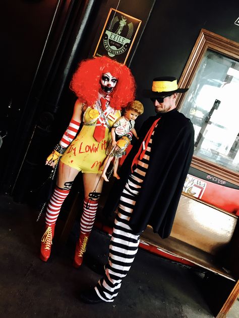 Deranged Ronald McDonald & the Hamburglar Evil Ronald Mcdonald Costume, Chuckie Womens Costume, Scary Ronald Mcdonald Makeup, Womens Scary Clown Costume, Creepy Clown Couple Costume, Evil Couples Costumes, Ronald Mcdonald And Hamburglar Costume, Authentic Halloween Costumes, Scary Ronald Mcdonald Costume