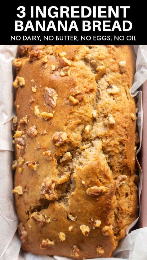 This 3 Ingredient banana bread is the EASIEST and most foolproof quick bread you’ll ever make! NO butter, NO oil, NO eggs, and NO cake mix needed, it’s moist, fluffy, and made in one bowl! No Butter Banana Bread, Banana Bread 3 Ingredient, Banana Bread Without Butter, Banana Bread Without Eggs, Banana Bread No Eggs, 3 Ingredient Banana Bread, 3 Ingredient Banana Bread Recipe, Egg And Bread Recipes, Quick Banana Bread