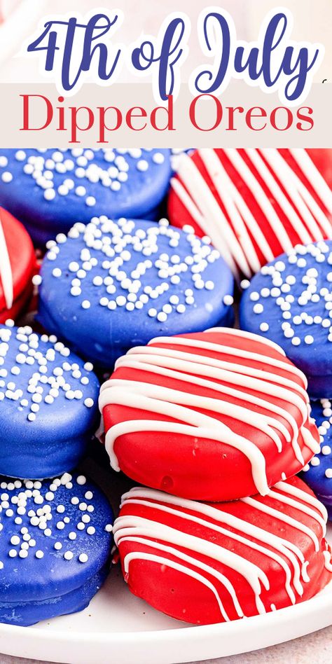 How to Make Festive Oreo Cookies Dipped in Chocolate for 4th of July. Looking for a fun and tasty treat to celebrate the 4th of July? These festive Oreo cookies dipped in chocolate are sure to be a hit at your Independence Day party. Follow our step-by-step guide to learn how to make these delicious patriotic delights. Patriotic oreo cookies | Easy patriotic desserts | Red white blue desserts | 4th of July desserts Red White Blue Desserts, Desserts 4th Of July, Cookies Dipped In Chocolate, 4th July Food, Patriotic Treats, Oreo Cookies Dipped, Chocolate Dipped Cookies, Independence Day Party, July Desserts