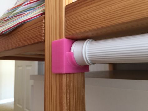 My daughter likes to read in the bottom section of her KURA bunk bed. My wife saw this shower curtain rod idea on pintrest and thought our daughter would like have a private reading area away from her siblings. It worked but the curtain rod kept getting knocked down. I designed these little brackets and it hasn't fallen down since. Uses a #6 pan head wood screw. Ikea Curtain Rods, Kura Bed Hack, Ikea Kura Hack, Ikea Kids Room, Ikea Kura Bed, Kura Bed, Ikea Kura, Ikea Curtains, Shower Curtain Rod