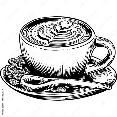 Hand drawn Cup of Coffee with Latte Art Sketch Illustration Stock Vector | Adobe Stock Coffee Cherry Drawing, Coffee Cup Drawing Sketches, Coffee Ink Drawing, Cup Of Coffee Sketch, Coffee Sketch Aesthetic, Coffee Cup Sketch, Coffee Shop Illustration, Coffee Draw, Starbucks Drawing