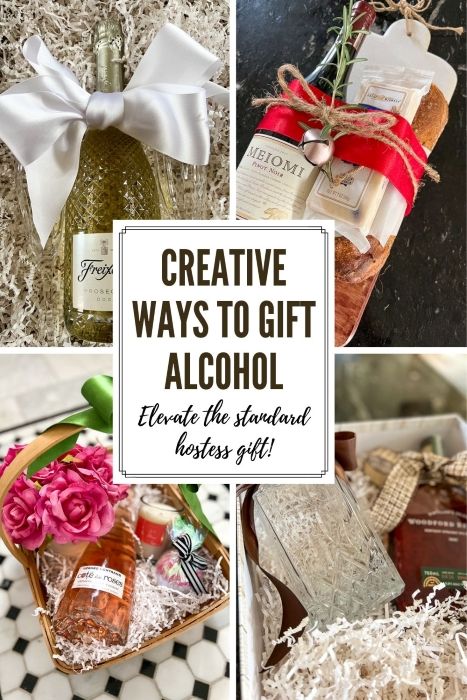 Alcohol Kits Gift Ideas, How To Wrap Alcohol Gift, Alcohol Hostess Gifts, Birthday Wine Basket Gift Ideas, Diy Christmas Alcohol Gifts, Cute Alcohol Christmas Gifts, Diy Boozy Christmas Gifts, Wine Hamper Diy Gift Ideas, Diy Booze Gifts