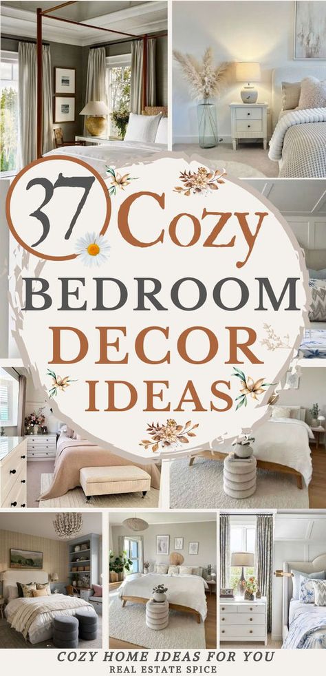 Be inspired and discover how to turn any room, big or small, into a comfy oasis. Whether you're into dark design styles or chic decor, my bedroom ideas show you how to use bedding, throws and nightstands to create a comfy space! You’ll also discover lighting ideas and the best area rugs to add warmth. Turn your bedroom into a cozy haven with relaxing chair options, making it a true oasis. Get tips and design styles and make your room warm and irresistibly comfy! RealEstateSpice.com #CozyBedroom Winter Room Ideas Bedrooms, Small Master Room Ideas, Small Master Bedrooms Decor Ideas, Small Guest Bedrooms, Cozy Cabin Bedrooms, Warm Bedroom Ideas, Relaxing Bedroom Decor, Relaxing Bedroom Ideas, Fall Bedroom Ideas