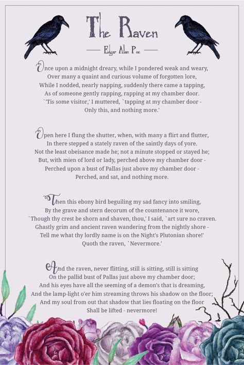 In E. A. Poe’s poem The Raven the narrator reflects on his lost love, and then is visited by a mysterious raven whose only utterance is a snarling “nevermore.” You download the shortened version of The Raven at our blog. #theraven #edgarallanpoe #poetry | countryhillcottage.com Quote The Raven Nevermore, The Raven By Edgar Allen Poe, Edgar Allen Poe Poems The Raven, The Raven Poem Edgar Allan Poe, The Raven Quotes Edgar Allen Poe, The Raven Quotes, Quotes Edgar Allen Poe, Edgar Allen Poe Quotes Love Poems, Poe Tattoo Ideas