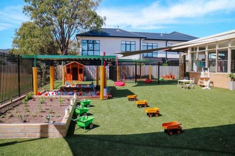 A childcare outdoor playground with a sheltered sandpit and a small garden surrounded by a wooden barrier with small farming tools all on a grass field. Outdoor Preschool Environments, Montessori School Design, Daycare Exterior, Montessori Childcare, Playground Preschool, Early Years Outdoor Area, School Outdoor Area, Childcare Environments, Montessori Kindergarten