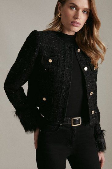 Blazers For Women | Black Blazers For Women | Karen Millen US Tweed Jacket Outfit Women, Black Tweed Jacket Outfit, Winter 2024 Fashion, Tweed Jacket Outfit, Black Tweed Jacket, Jacket Outfit Women, Chanel Outfit, Long Puffer Coat, Women's Blazers