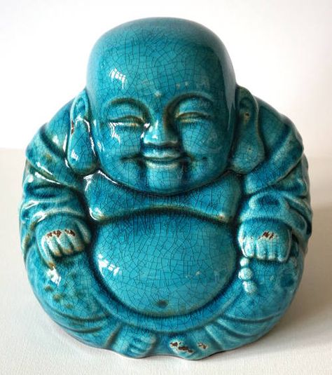 Blue ceramic crackled affect Laughing Buddha. In a sitting position with am ample stomach and a big smile on his face. Fat Buddha Tattoo, Buda Face, Ceramic Creatures, Ceramic Buddha, Smiling Buddha, Room Interior Design Ideas, Chinese Buddha, Buddha Garden, Buddha Tattoo