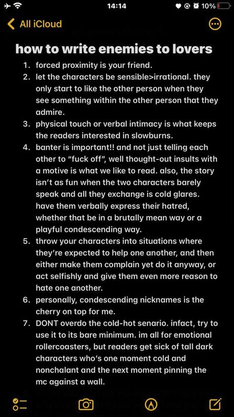 How To Write A Good Friends To Lovers, Mean Dialogue Prompts, How To Make Enemies To Lovers, How To Write Couples, How To Write A Good Wattpad Story, Good Plots For Stories, Enemies To Lovers Story Ideas, Enemy Prompts, Enemies To Lovers Tips