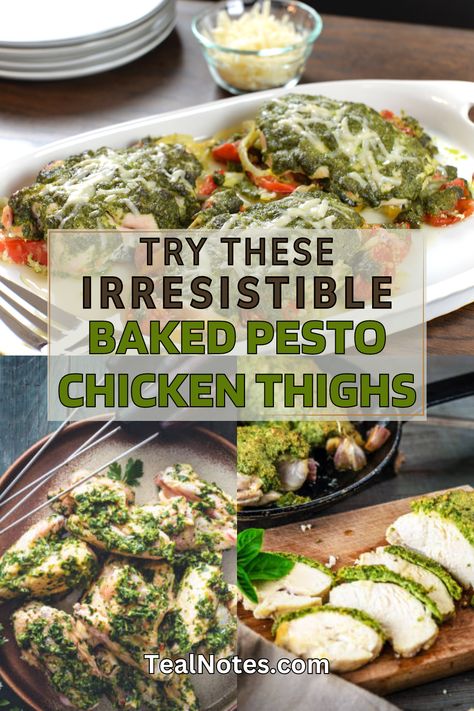 Craving a spectacular dinner that's easy to make? Discover the art of flavor mastery with Teal Notes' guide to Mastering Baked Pesto Chicken Thighs. Elevate your cooking with our technique that brings out the juiciness of oven-baked chicken thighs, paired perfectly with a mouthwatering pesto sauce. Unveil the secret marinade that'll have your taste buds dancing! Ready to impress? Click here for your free meal prep plan today! Chicken Thigh Recipes With Pesto, Oven Pesto Chicken, Pesto Chicken Thigh Recipes, Chicken Thigh Pesto Recipes, Pesto Chicken Thighs, Pesto Baked Chicken, Tomato Pesto Chicken, Notes Guide, Hasselback Chicken