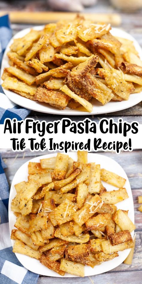 Air Fryer Tik Tok Pasta on 2 white plates, side view and overhead view. Air Fryer Pasta Chips, Air Fryer Pasta, Pasta Olive Oil, Fried Lasagna, Fried Pasta, Crispy Noodles, New Years Appetizers, Pasta Chips, Crockpot Lasagna