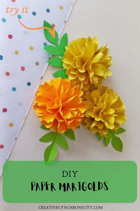 DIY Paper Marigolds - Creative Cynchronicity How To Make Paper Marigolds, Fabric Marigolds Diy, Marigold Flower Paper Craft, Diy Paper Marigolds, Tissue Paper Marigolds Diy, Marigold Diy Paper Flowers, Marigold Paper Flowers Diy, Marigold Paper Flower, How To Make Marigold Paper Flowers