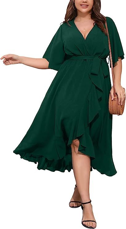 Short Sleeve Wrap V Neck High Low Split Ruffle Long Dress Ruffle Long Dress, Maxi Dress Short, Plus Size Maxi Dress, Split Long Dress, Plus Size Summer Outfits, Plus Size Fall, Plus Size Maxi, Dress Short Sleeve, Plus Size Summer