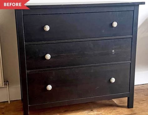 Before: Basic dark wooden IKEA HEMNES with missing drawer pull Peel And Stick Wallpaper Furniture, Peel And Stick Wallpaper On Furniture, Wallpaper Apartment, Ikea Dresser Hack, Rental Bathroom, Blue Chalk Paint, Media Consoles, Cabin Bathroom, Sticks Furniture