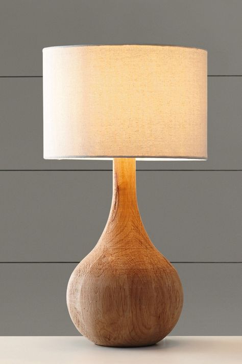 Wooden base table lamp from Next Home Table Lamp Ideas, Turned Lamp, Wooden Lamp Base, Wooden Lamps Design, Wooden Table Lamp, Wood Light Fixture, Wooden Lampshade, Lamp Ideas, Cordless Table Lamps