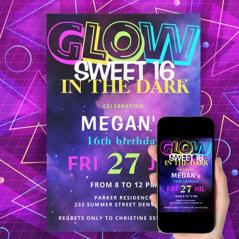 Retro 80S Neon Glow In The Dark Sweet 16 Party Invitation #zazzle #weddinginvitations #birthdayinvitations #babyshowerinvitations #zazzleinvitations #monogram #businesscards #graduation #homedecor Birthday Party Glow, Milestone Birthday Invitations, Teenage Birthday Party, Sweet 16 Party Invitations, Neon Birthday Party, Sweet 16 Party, 80s Neon, Neon Birthday, Sweet Sixteen Invitations