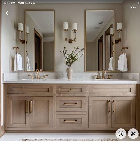 Master Vanity With Cabinet In Middle, Large Mirror Over Vanity, Master Bath Large Mirror, Perfect Master Bath Layout, Dramatic Master Bathrooms, Transitional Bathrooms Designs, Master Bathrooms With Vanity, Large Master Bath Ideas Layout, Modern Master Bath Design Ideas