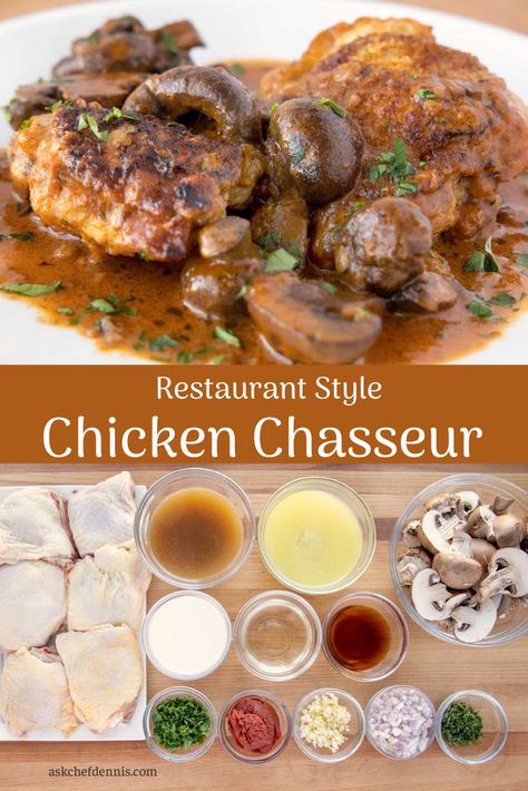 Often called hunters chicken, this chicken chasseur from Ask Chef Dennis is a delicious alternative to a boring weeknight meal. This classic French country dish will tantalize your taste buds as you amaze your family with your culinary skills. And the best part is just how easy it is to make. Flexibility Videos, Hunters Chicken Recipe, Chicken Chasseur Recipe, Chicken Chasseur, Restaurant Chicken, Hunters Chicken, Dinner Specials, Meat Board, Allergy Recipes