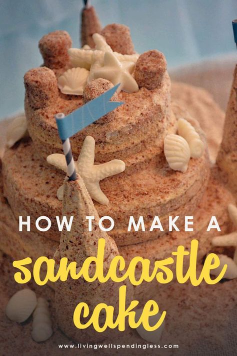 Looking for the cutest beach-themed birthday cake? Here's a super simple step-by-step tutorial on how to make a sandcastle cake that will be a show stopper. #diy #cake #sandcastlecake #caketutorial #birthdaycake #cutebirthdaycakes #beachparty #beachpartyideas #cakerecipes #easydiy #easycaketutorial Sand Birthday Cake, Castle Cake Diy, Sandcastle Cake, Sand Castle Cakes, How To Make Sand, Sand Cake, Cake Cute, Beach Cakes, Cake Recipes From Scratch