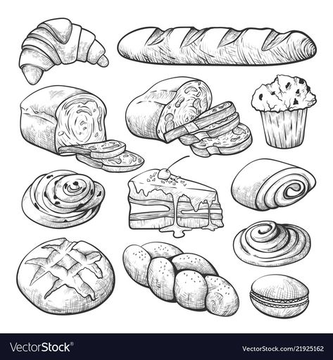 Cooking Art Drawing, Bread Doodle, Food Line Drawing, Food Drawing Sketches, Food Drawing Easy, Baking Drawing, Cake Sketch, Product Sketch, Bakery Products