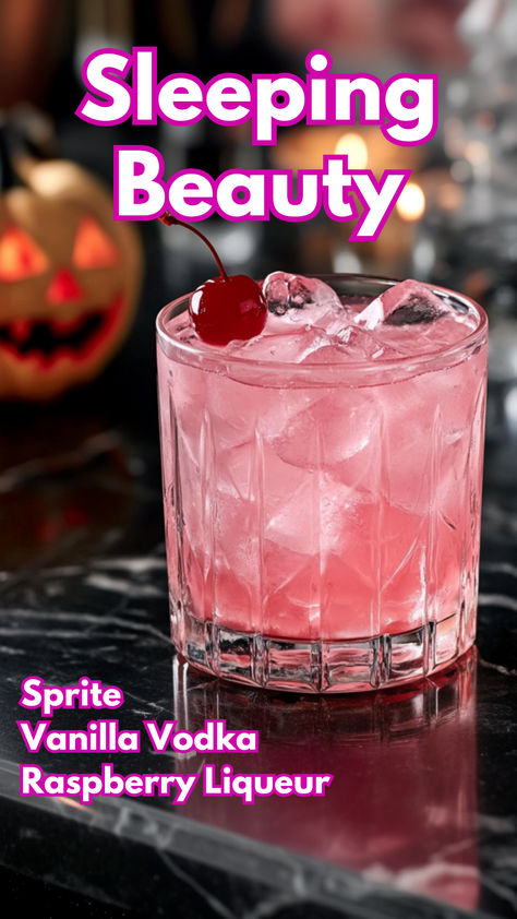 Sleeping Beauty Cocktail Bartender Drinks Recipes, Iced Drinks Recipes, Bartender Drinks, Cocktail Drinks Alcoholic, Raspberry Liqueur, Liqueurs Recipes, Mixed Drinks Alcohol, Yummy Alcoholic Drinks, The Sleeping Beauty