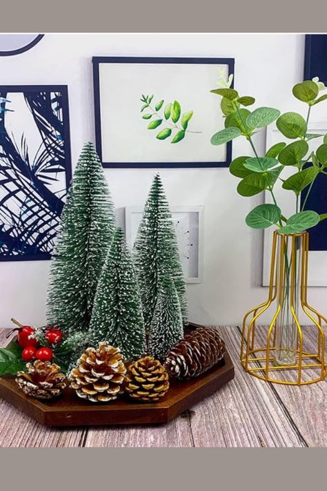 Little Pine Tree Christmas, Christmas Tree Centerpieces For Table, Mini Tree Decorations Ideas, Mini Christmas Tree Centerpiece, Mini Christmas Tree Decor, Tree Coffee Table, Christmas Tree Table, Tiny Christmas Trees, Christmas Desktop