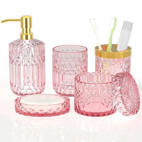 PRICES MAY VARY. Glass 【WONDERFUL BATHROOM STORAGE SOLUTION】Do you want to an elegant and elevating storage solution for bathroom countertops? Our pink bathroom accessories include a soap dispenser and toothbrush holder, soap dish, tumbler, and cotton swab jar, perfect for storing your toiletries or cosmetics, and keeping your bathroom counter fully organized and neatly . 【UPGRADED SOAP DISPENSER WITH STURDY PUMP】Based on the requirement, we have used premium rust-proof stainless steel pump to r Pink Bathroom Accessories, College Bathroom, Soap Dispenser Set, Glass Bathroom Accessories, Blue Bathroom Accessories, Girly Bathroom, Dorm Bathroom, Pink Bathroom Decor, Pink Soap