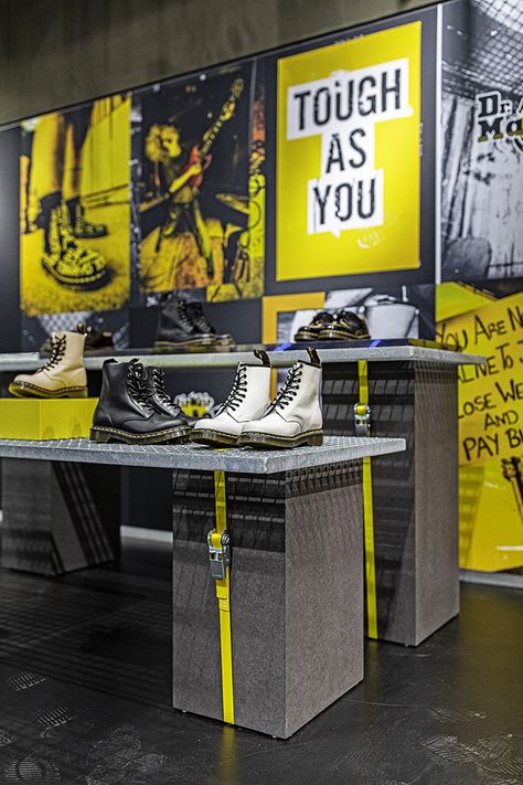 Sports Display, Dr Martens Store, Swap Shop, Shoe Display, Store Design Interior, Store Opening, Store Interior, Pop Up Stores, Pop Up Store