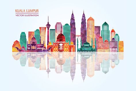 Kuala Lumpur skyline detailed silhouette. Vector illustration. File includes vector EPS10 file and 1 JPG picture. Kuala Lumpur Skyline, Email Design Inspiration, Skyscraper Architecture, Creative Invitations, Email Design, Kuala Lumpur, Travel Posters, Skyscraper, Vector Illustration