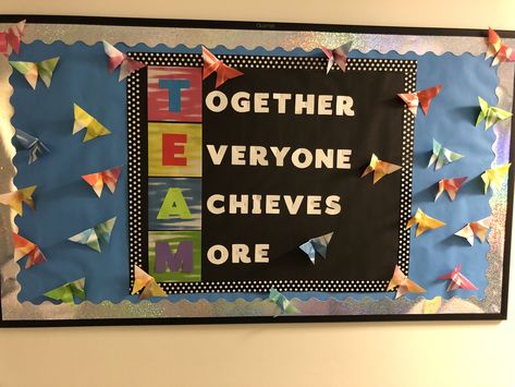 Work inspirational bulletin board #teamwork #bulletinboard One Team One Goal Bulletin Board, Cooperation Bulletin Board, Encouraging Bulletin Boards For School, Cooperation Bulletin Board Ideas, Team Work Bulletin Board Ideas, Teamwork Bulletin Board Ideas, Meet Our Team Bulletin Board Ideas, Volunteer Bulletin Board Ideas, Team Board Ideas Work