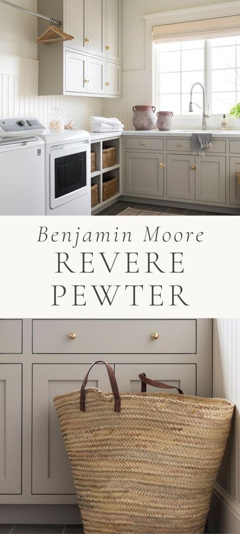 Revere Pewter Kitchen, Neutral Kitchen Colors, Pewter Benjamin Moore, Benjamin Moore Revere Pewter, Benjamin Moore Kitchen, Greige Kitchen, Painting Trim White, Revere Pewter Benjamin Moore, Beige Cabinets